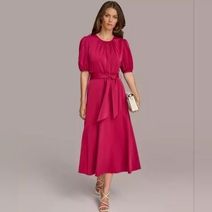 Donna Karan Fuchsia Midi Dress with Puff Sleeves